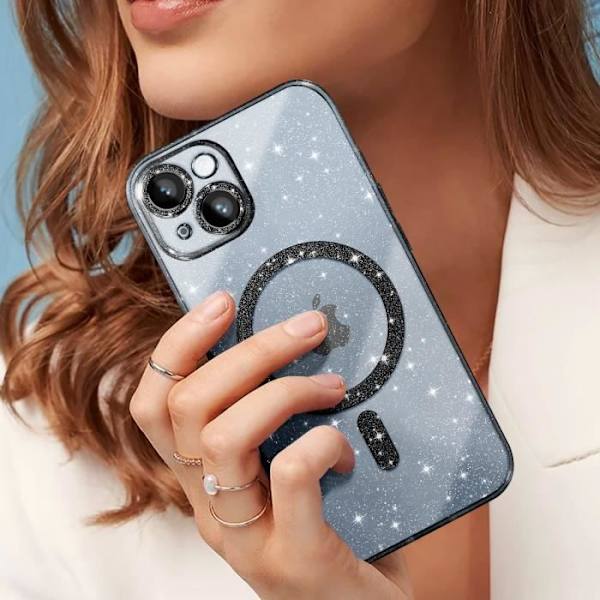 MagSafe Cover til iPhone 14 Black Glitter Silikone - AVIZAR - Halvstiv - Syntetisk - Blandet Svart