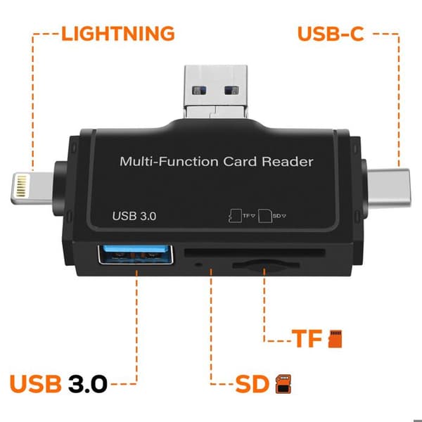 SD-kortläsare / micro SD / USB 3.0 till USB / USB-C / Lightning / micro-USB LinQ Svart