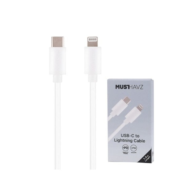 Lightning-kaapeli USB-C PD 3.0 27W Lataus ja Synkronointi 1m Grab 'N Go Valkoinen Vit