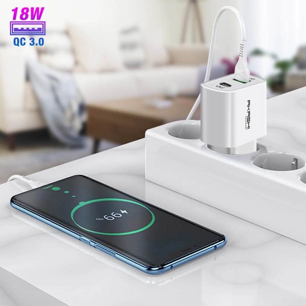 Oplader 38W Dobbelt USB-A QC 3.0 + USB-C PD Hurtigopladning Akashi hvid Vit