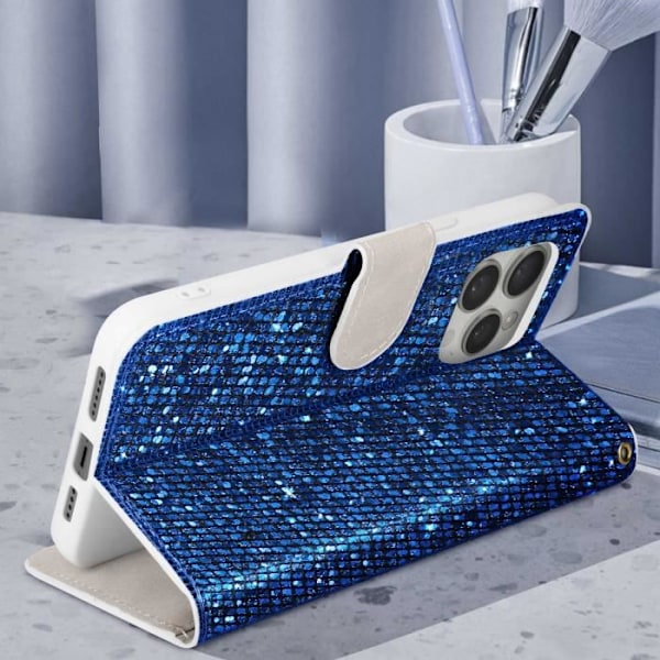 iPhone 14 Pro Max Fodral Glitter Disco Wallet Stand Video Blue Blå