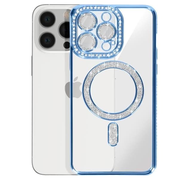 Coque - Diamant - iPhone 13 Pro - Blå Strass - Rigide - Kompatibel med MagSafe Blå