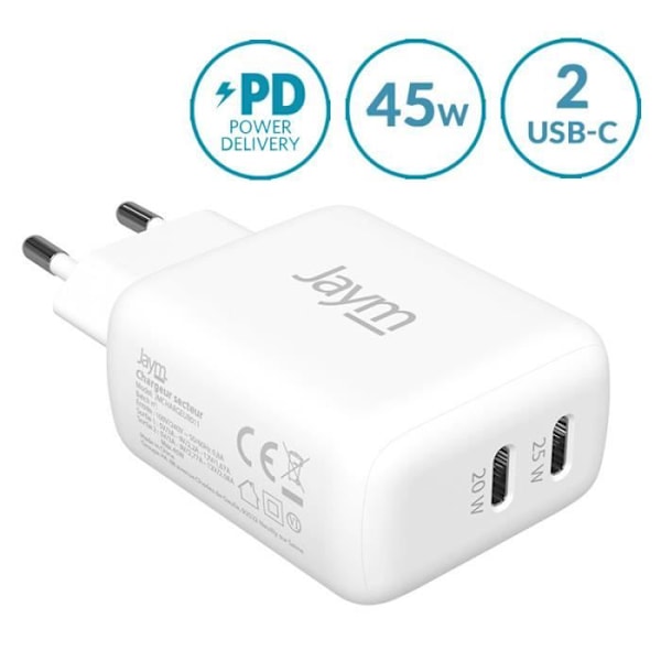 Kaksi USB-C 45 W 3A PD ja PPS-pikalaturi Jaym White Vit