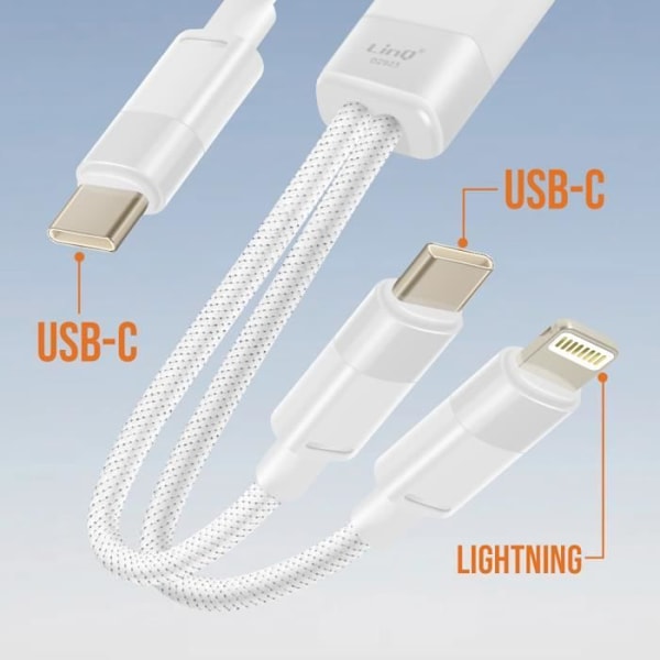 LinQ White USB-C-Lightning- ja USB-C-lataus- ja synkronointikaapeli 60 W Vit