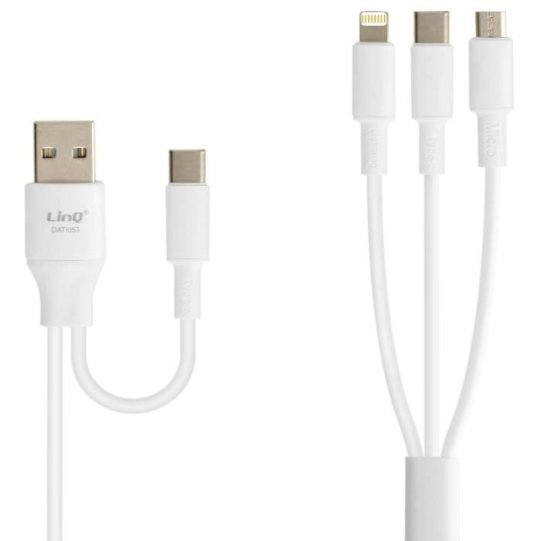 USB-A / USB-C-kabel - LINQ - 1,2 m - USB-C, Lightning, Micro-USB-kompatibel - Vit - 5A Vit