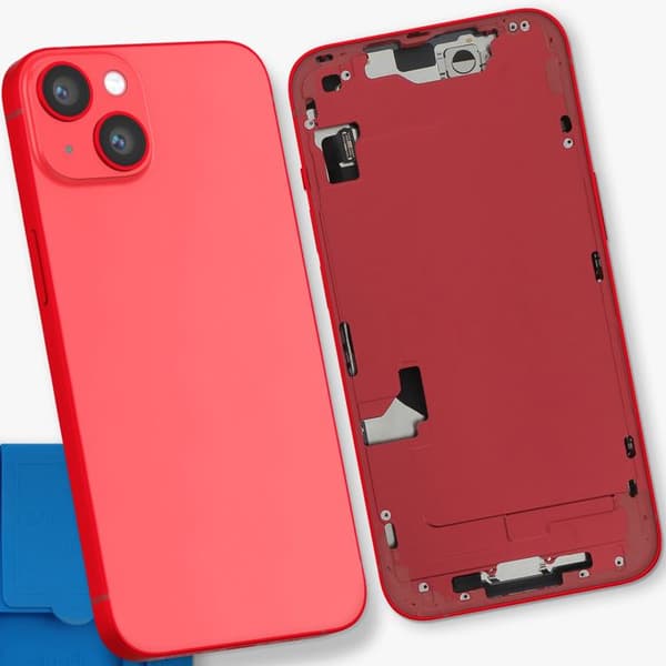 Helt chassi för iPhone 14 med baksida och röda kameralinser Röd