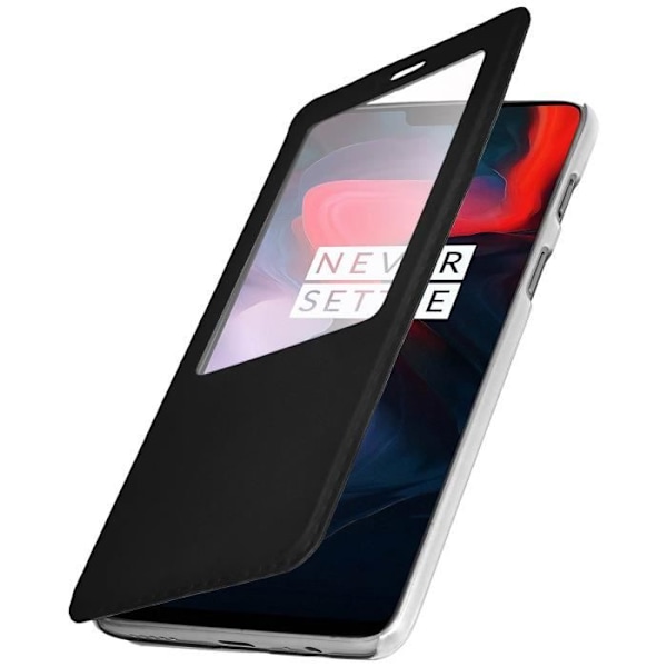 Cover - AVIZAR - OnePlus 6 - Øko-læder - Hård skal - Vinduesklap svart