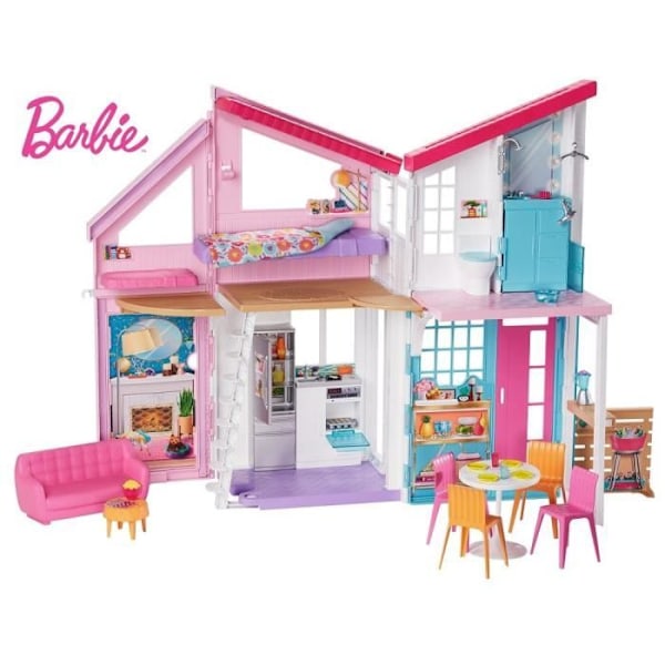 Barbie - Malibu House - 6 huoneen nukketalo 2 kerroksella - Yli 25 asustetta - Alkaen 3 vuotta vanha Lyserød