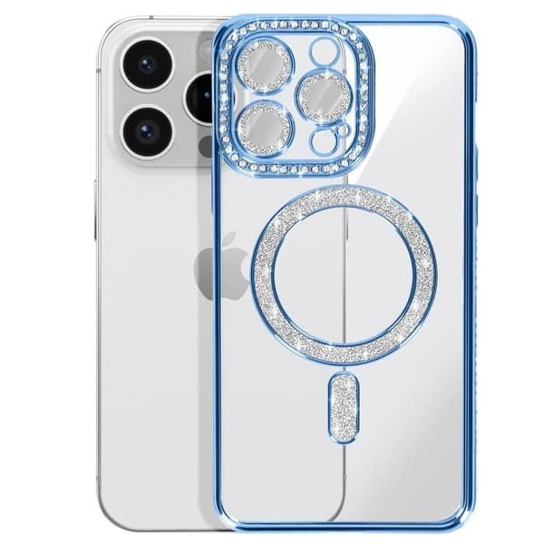 Coque - Diamant - iPhone 14 Pro - Strass Blå - Rigide - Kompatibel med MagSafe Blå