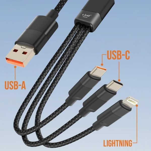 USB til Lightning + 2 USB-C kabel - LINQ - 60W hurtig opladning - Længde 1,2m - Sort Svart