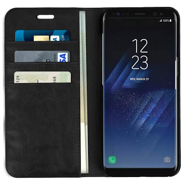 Plånboksfodral - AVIZAR - Samsung Galaxy S8 Plus - Svart Läder - Heltäckande Skydd - Fack för kort Svart