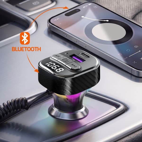 FM Bluetooth Cigaretlighter Transmitter med Spiral USB-C Kabel PD 30W LinQ Sort Svart