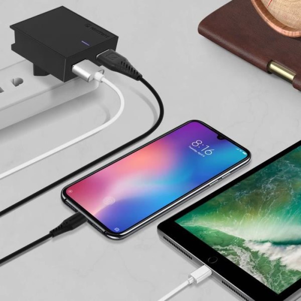 Dobbelt USB vægoplader - Swissten - Slim Series - 3A - USB-C kabel 1.2m - Smart IC Svart