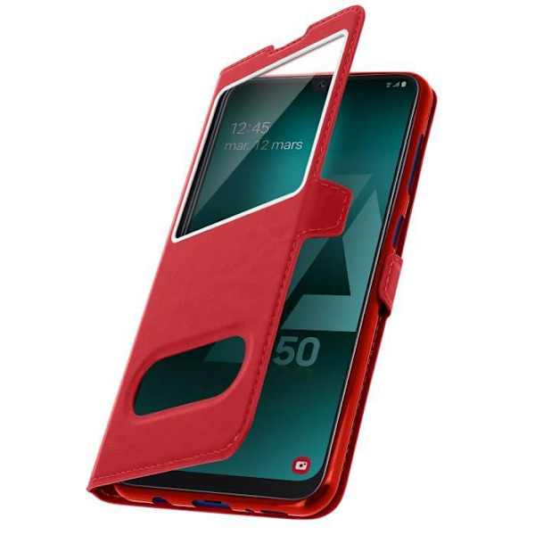 Housse - AVIZAR - Samsung Galaxy A50 - Blød Skal - Dobbelt Vindu Beskyttelse - Rød Röd