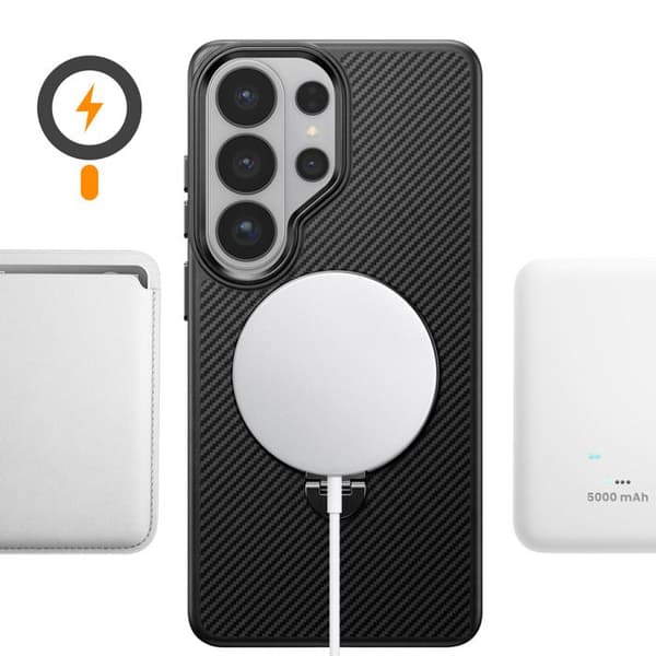 Skydd för Galaxy S26 Ultra Kolfiber Effekt med Svart Rotterande Magnetring Svart