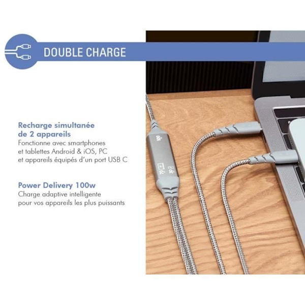 Ultra-forstærket USB C/USB C + USB C Duo-kabel 2m 100W Grå - Force Power Livstidsgaranti