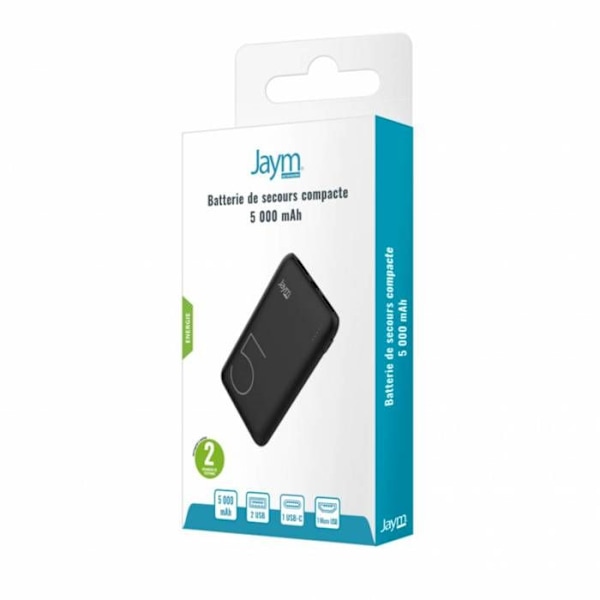 Nødstrømsbatteri 5000 mAh med 2 USB-A / USB-C / Micro USB Kompakt Jaym Sort Svart