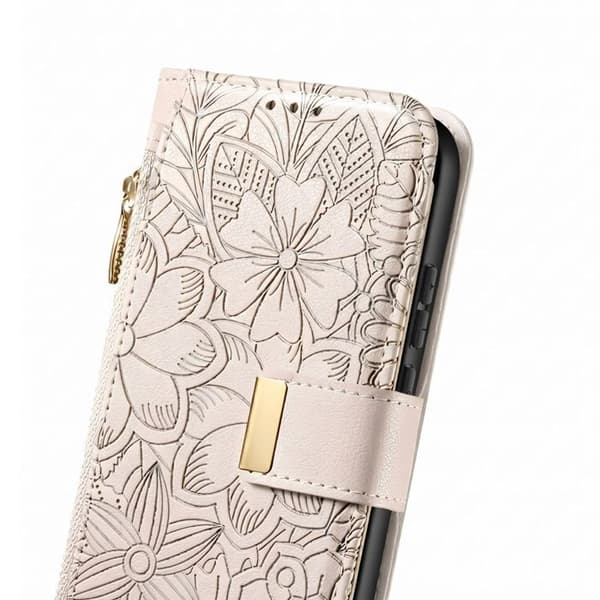 Pungetui til Galaxy A56 med blomsterdesign og integreret lynlåslomme i grå Grå