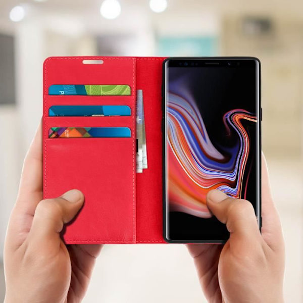 Samsung Galaxy Note 9 - Suojus - Nahka - Punainen - Lompakko - Videotuki - Korttipaikat Röd
