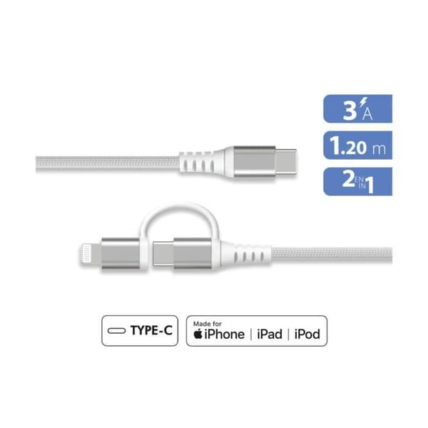 Laddkabel - FORCE POWER - Lite - 2 i 1 USB-C/Lightning - PD 60W (3A) - Förstärkt 1,2 m Vit