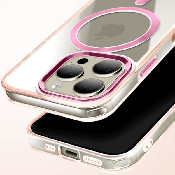 MagSafe-kuori iPhone 15 Pro: Kirkas lasinen takakansi, vaaleanpunainen shamppanja Rosa