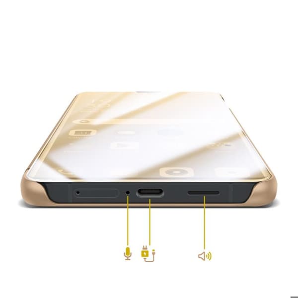 Spejl Etui til Galaxy S26 med Smart View Vindue og Foldbart Stativ Guld Gul