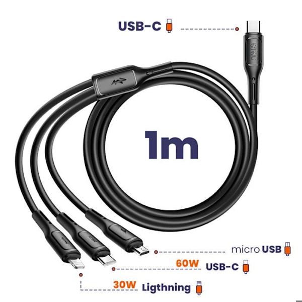Cabel 3 i 1 USB-C, Micro USB och Lightning Snabbladdning 60W 1m wiwu Svart