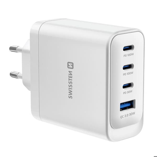 Multiport-laddare 4-i-1 USB-A / 3 USB-C PD 100W GaN Core-modell Swissten Vit Vit
