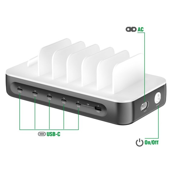 Laddstation 100W Multiport 5 USB-C + USB och 6 kablar ingår 4smarts Grå