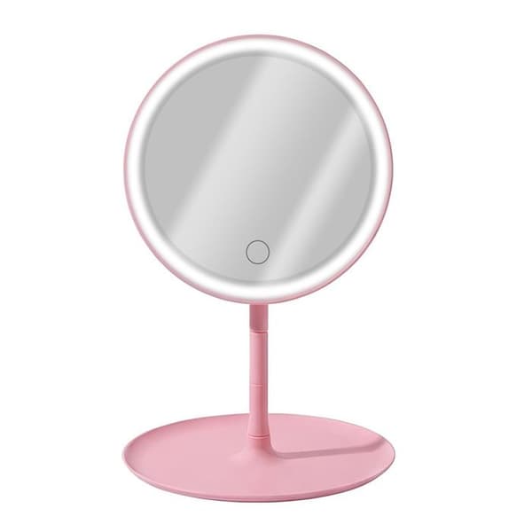 Rund LED-sminkspegel på stativ med frontkontroll i rosa Rosa