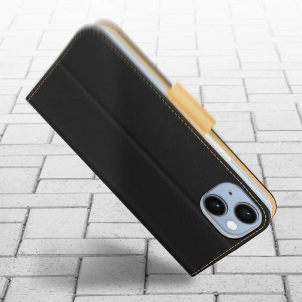 iPhone 14 Plus-fodral Plånbokskorthållare Tvåfärgad svart och guld-videostöd