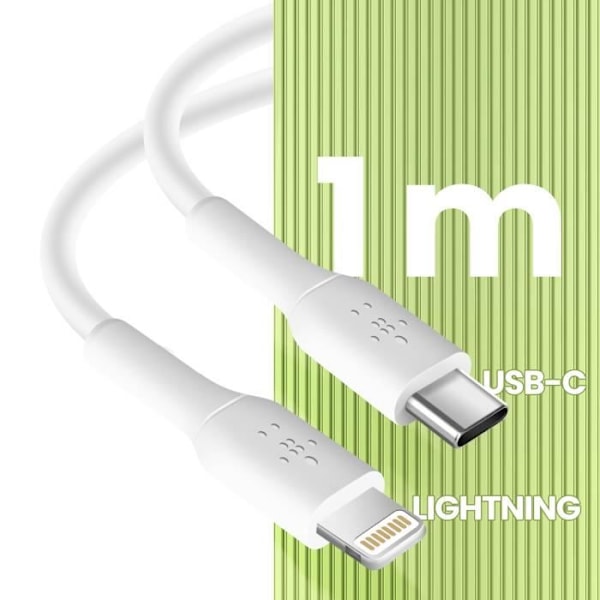 USB C Strömadapter 20W Platt Format USB C till Lightning Kabel 1m Belkin Vit Vit