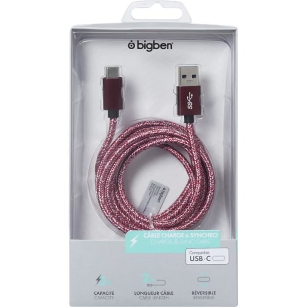 2 meter vinröd vävd USB/USB C-kabel