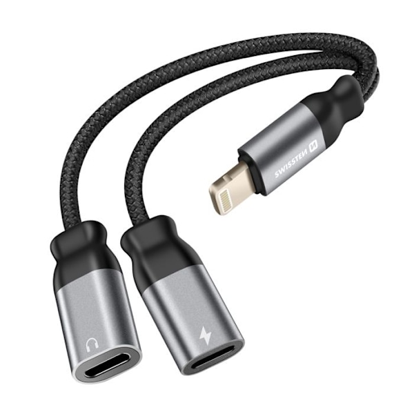 Splitter Audio och Laddning Lightning 2-i-1 Nylontålig Anti-knutar Swissten Svart