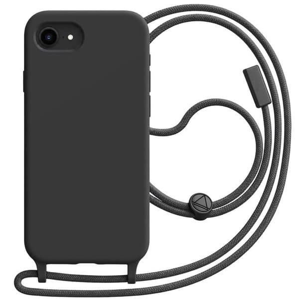 Silicone Cover til iPhone 16e med Justerbart Flettet Nylon Snor Sort Svart