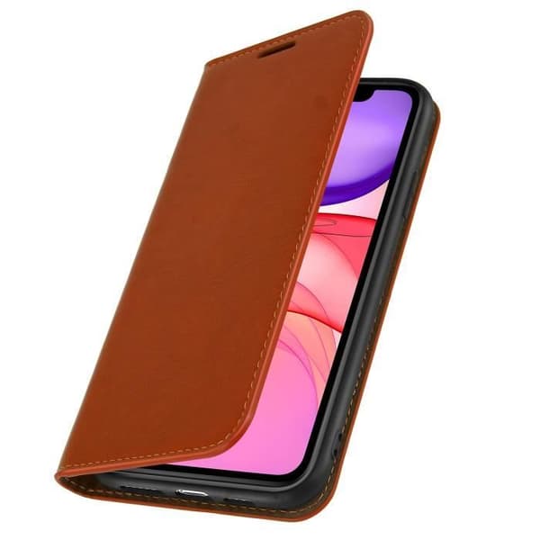 Foliofodral - AVIZAR - iPhone 11 - Äkta läder - Video Stöd - Kortfack - Brun Kamel