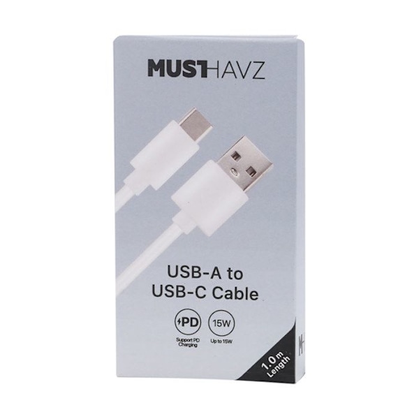 USB-C til USB PD 15W Opladning og Synkronisering 1m Grab 'N Go Hvid Vit
