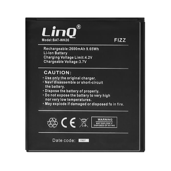Internt batteri til Wiko Fizz - LINQ - BAT-WK06 - Kapacitet 2600mAh - Lithium Ion - 3,7 V Svart