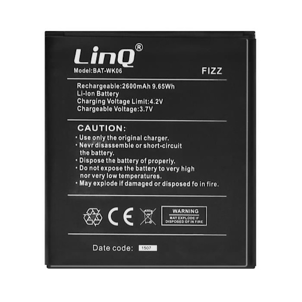 Sisäinen akku Wiko Fizz - LINQ - BAT-WK06 - Kapasiteetti 2600 mAh - Lithium Ion - 3,7 V Svart
