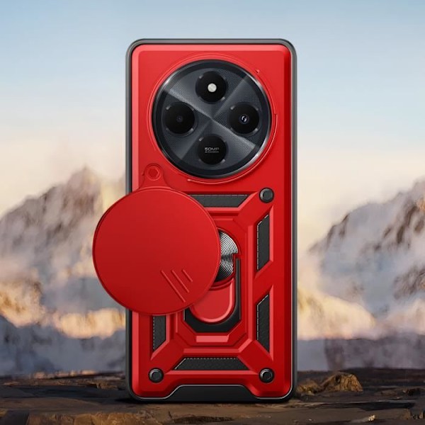 Fodral för Xiaomi Redmi 14C Ring Support Sliding Camera Cover Röd Röd