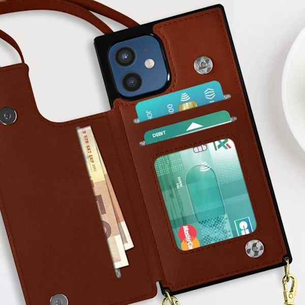 Coque Cordon - Ruskea - iPhone 12/12 Pro - Monikäyttöinen - Irrotettava Olkahihna - Integroitu Lompakkotasku kastanj