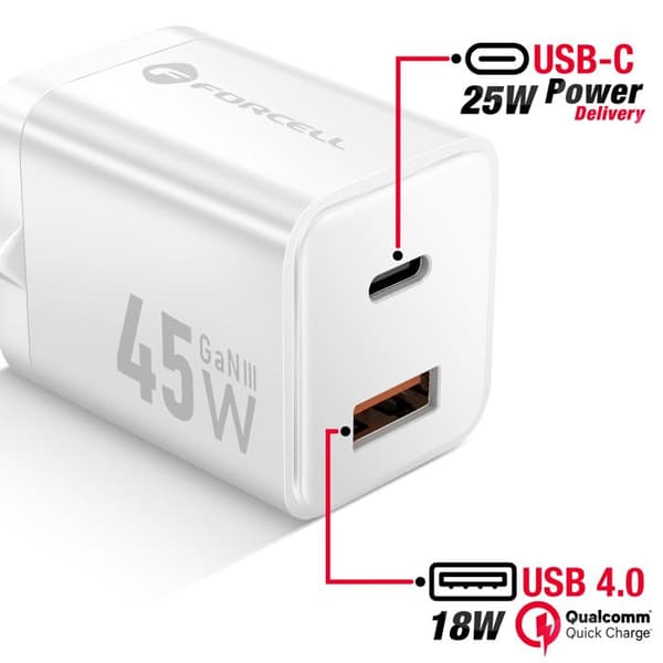 Laddare - FORCELL - Forcell - 45W - GaN III - USB-C och USB-A Vit