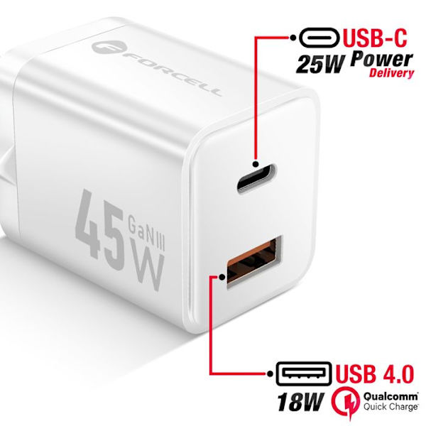 Lader - FORCELL - Forcell - 45W - GaN III - USB-C og USB-A Vit
