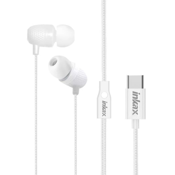 USB-C hörlurar - INKAX - In-ear - 1,2m - Integrerad mikrofon - Multifunktionsknapp Vit