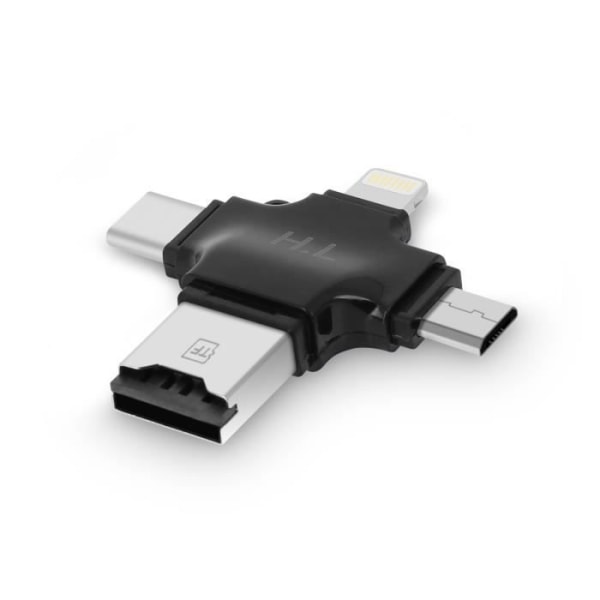4-in-1 micro-SD kortinlukija - Kompakti - Musta - USB-C - Lightning - Micro-USB