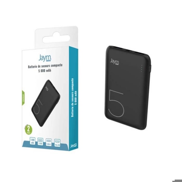 Nødstrømsbatteri 5000 mAh med 2 USB-A / USB-C / Micro USB Kompakt Jaym Sort Svart