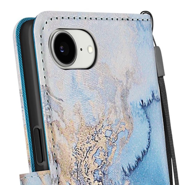 Etui til iPhone 16e Marmor Ocean Mønster med Håndledsrem og Blå Kortholder Blå