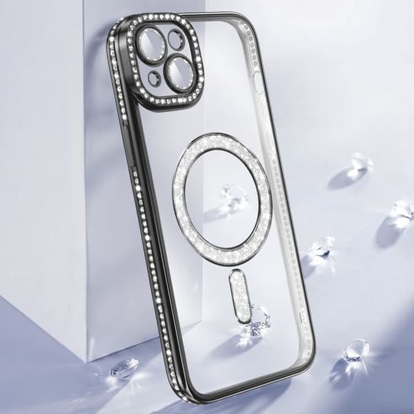 iPhone 15 Plus Cover Kompatibel med MagSafe med Sort Rhinsten Kant Svart