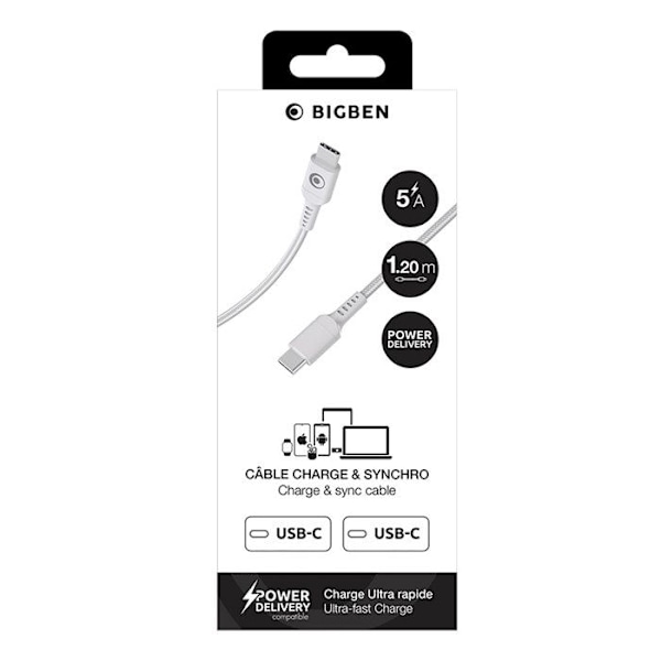 Hurtig kabel 5A USB-C til USB-C 1.2m PD 100W flettet belægning BigBen Connected Hvid