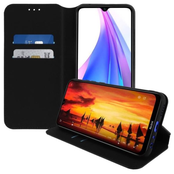 Housse - AVIZAR - Xiaomi Redmi Note 8T - Ekologiskt läder - Plånbok - Stöd-funktion - Svart Svart